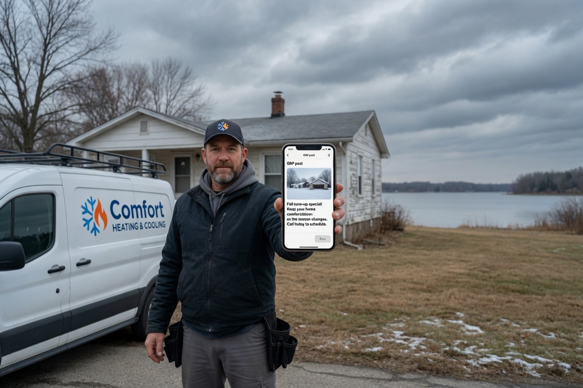 HVAC technician outside a West Michigan home reviewing a Google Business Profile post on a phone
