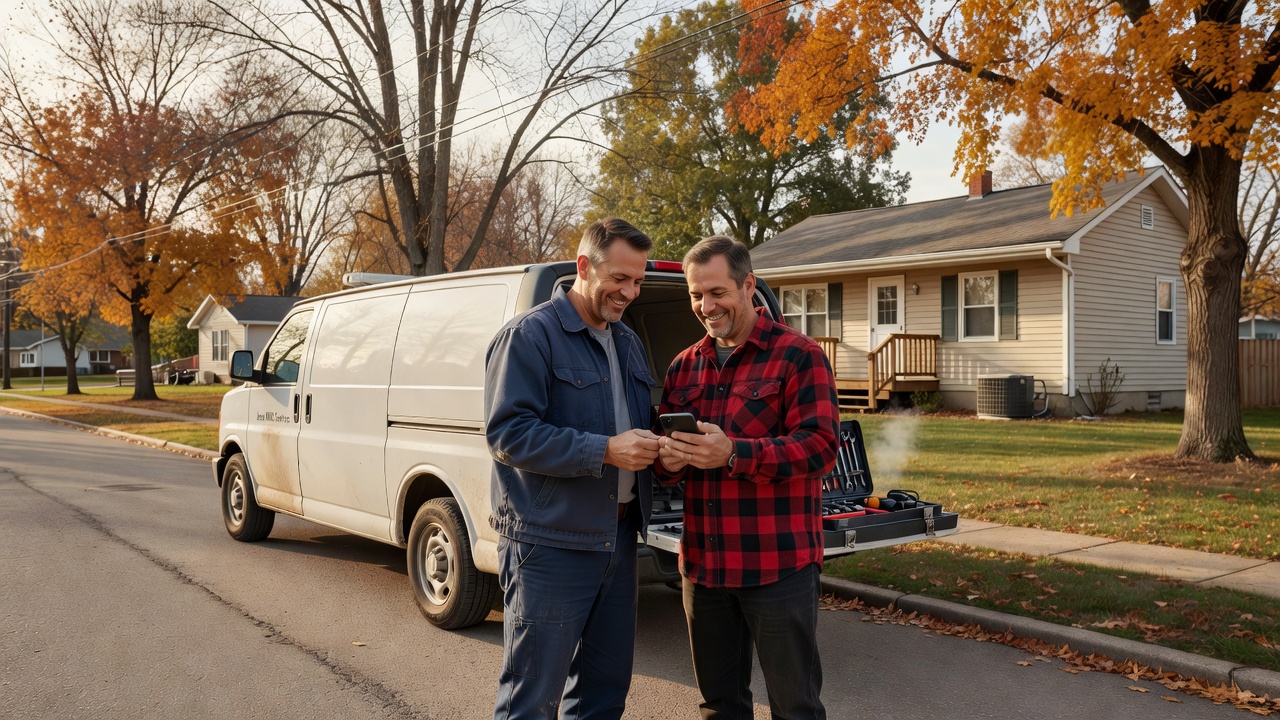 West Michigan HVAC technician and homeowner reviewing a recent Google review on a smartphone after a successful service call in a rural Michigan neighborhood