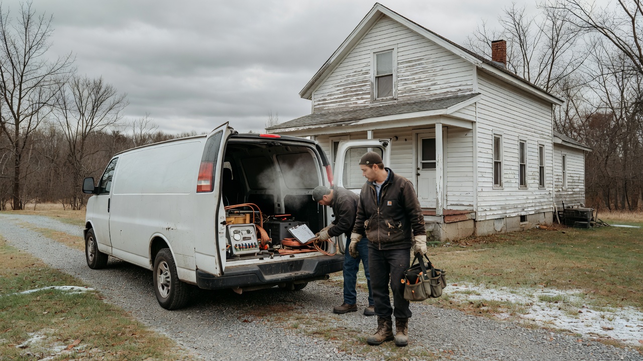 HVAC technician walking from a work van toward a rural Newaygo County farmhouse on a cold West Michigan morning — local SEO for HVAC contractors starts with real service presence on Google Maps
