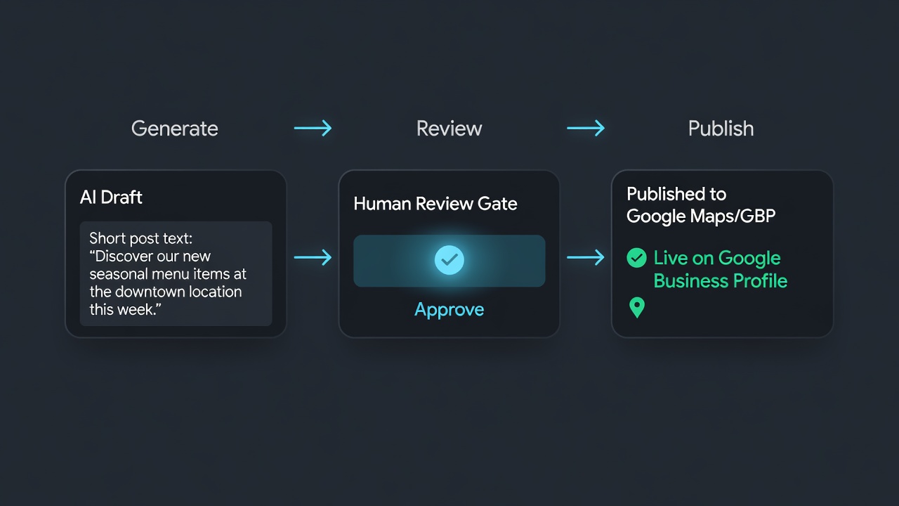 Draft to publish workflow: generate, human review, then publish to Google Business Profile