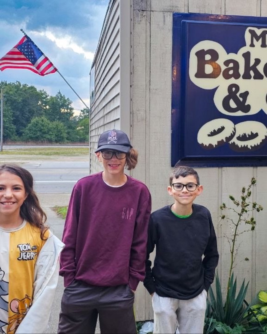 Kids outside Maike's Bakery & Coffee Shop in White Cloud, Michigan